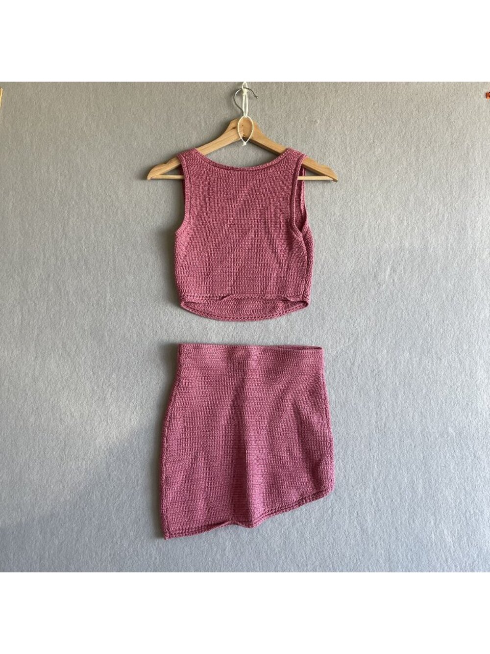 Zara Pink Crochet Knit Crop Top & Asymmetric Mini Skirt Co-Ord Set Small